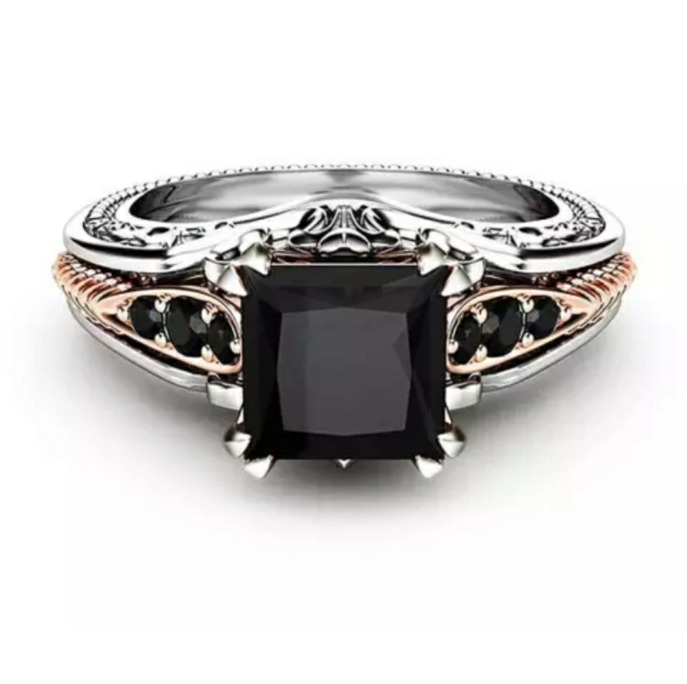 New Silver Black Princess Cut Ring